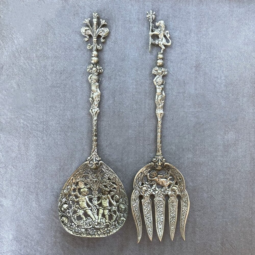 Vintage Ugo Bellini Italian Silver over Brass, Ornate SALAD or SERVING Set ITALY